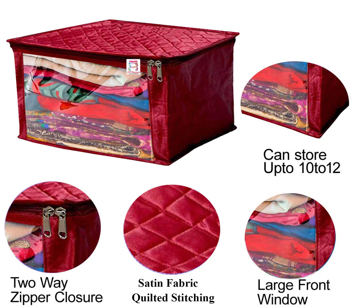 atorakushon Satin Fabric Foldable Garments Saree Blouse Cover Bag Pouch Closet Wardrobe Organizer With Clear Window Zipper Lock Pack of 3 (Maroon)