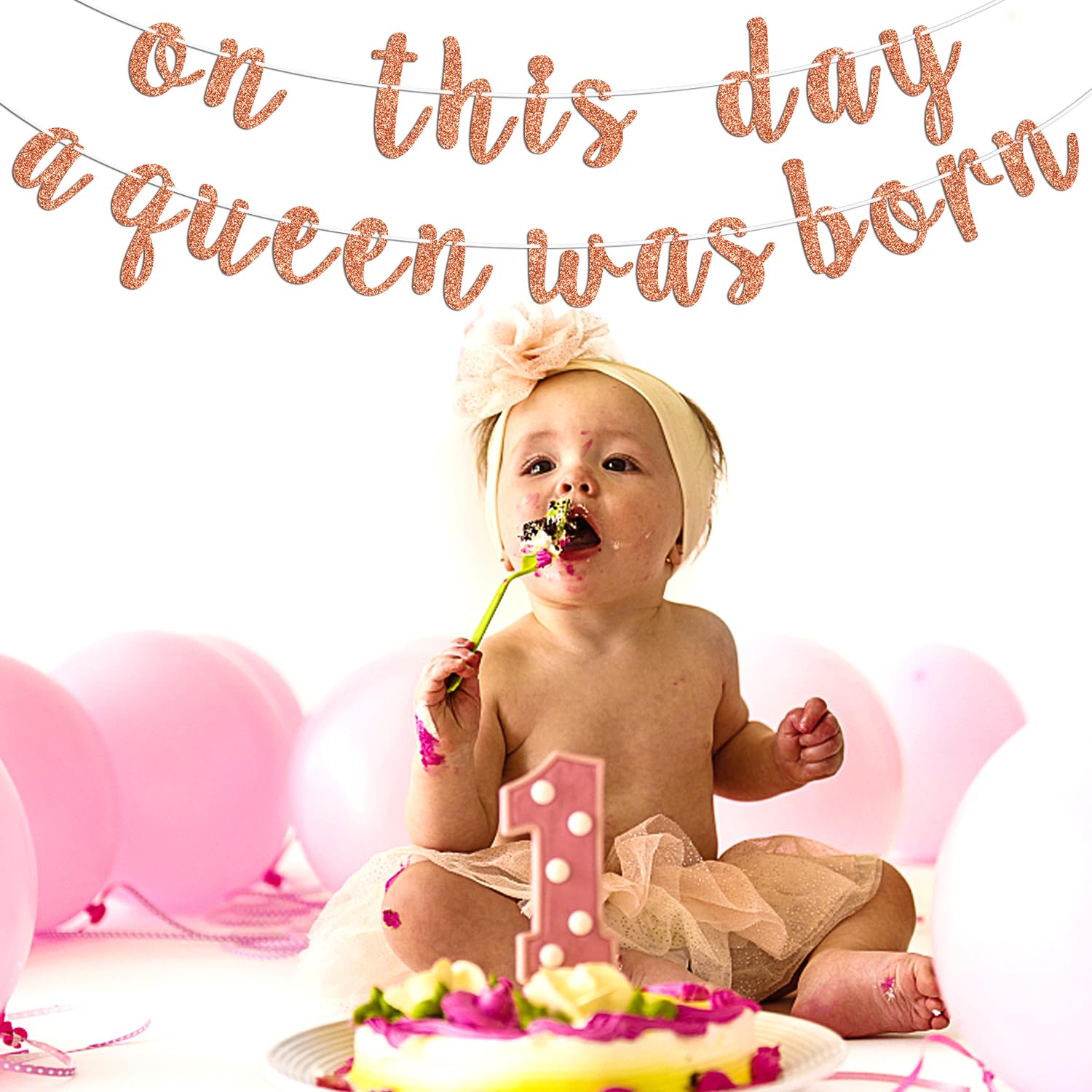 On this Day a Queen was Born Banner, Happy Birthday Bunting Sign for Girl/Women, Birthday Gift for Mother/Wife, Birthday/Gender Reaveal/Baby Shower Party Decoration Supplies, Rose Gold Glitter