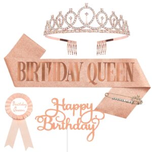 birthday decorations for women including birthday sash & pin, crown, birthday cake topper, birthday pin button. queen sash and birthday tiara for women and grils. (rose gold)