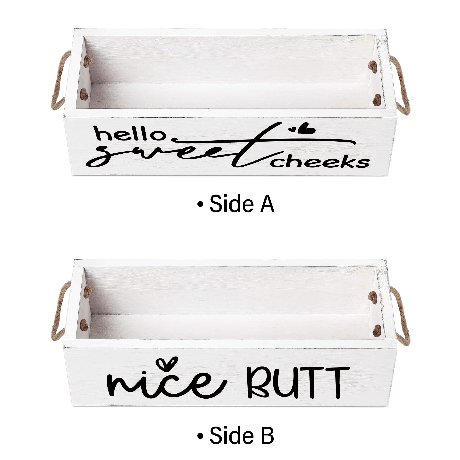 Msyueos Hello Sweet Cheek Decor Box with Rope - Rustic Wooden Storage Box with Funny Design on 2 Sides Perfect for Bathroom Decor, Toilet Paper Holder, Toilet Tank Basket, Toilet Organizer (White)