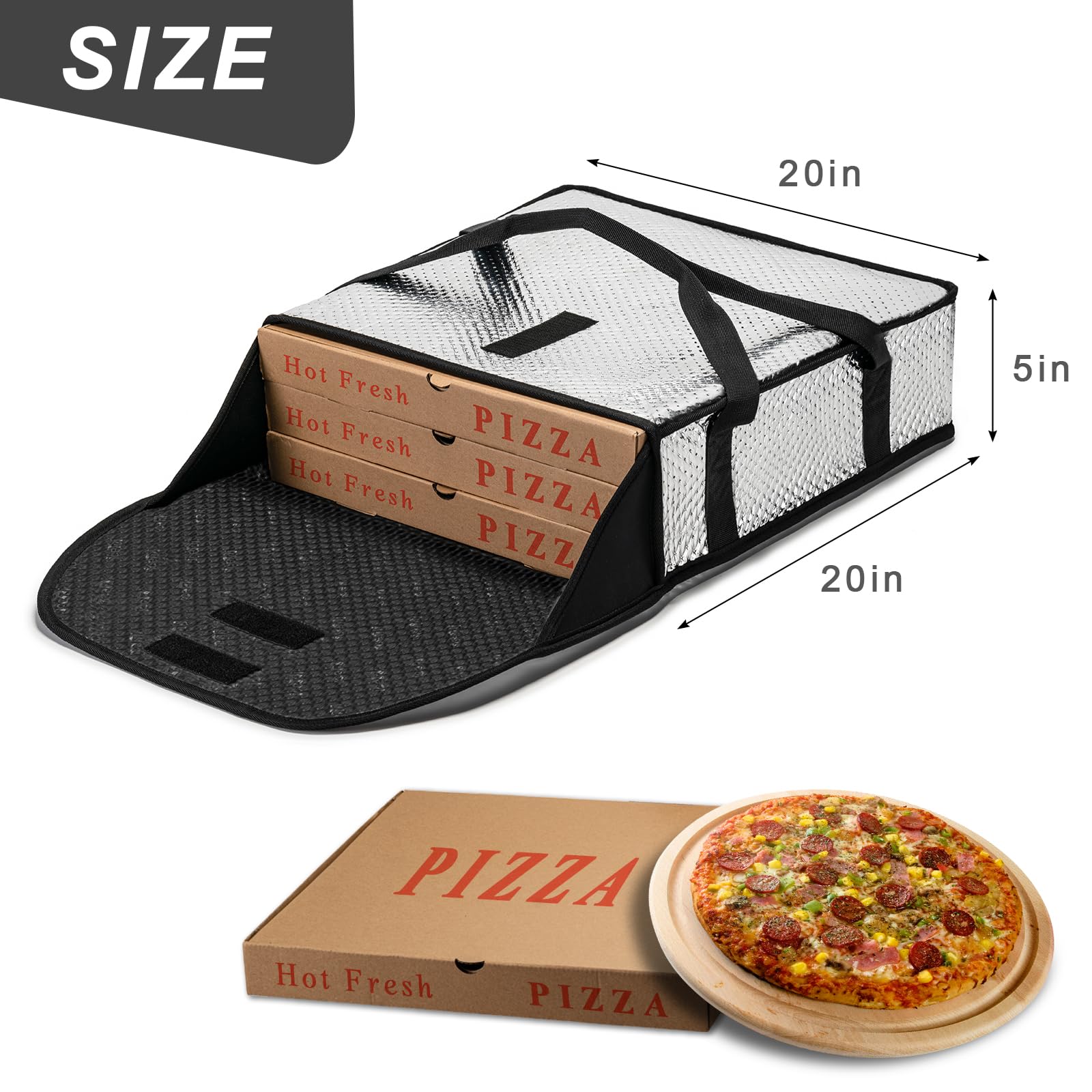 iceMi Pizza Bags for Delivery 20" X 20" X 5" - Moisture-Free, Professional Thermal Pizza Warmer, Heavy-Duty Food Carrier, Suitable for Restaurants,Picnic Uber Eats & Door Dash（ Silver）