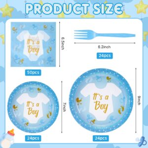 Tanlade 24 Sets Boy Baby Shower Plates and Napkins It's a Boy Plates and Napkins Disposable Baby Shower Party Supplies 48 Paper Plates 24 Forks 50 Napkins for Boys Gender Reveal Birthday