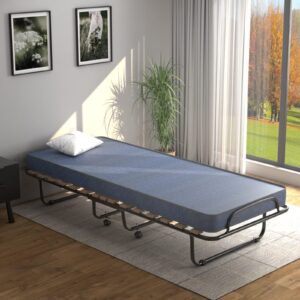 KOMFOTT Folding Rollaway Bed with Mattress, Foldable Bed with Memory Foam Mattress for Adults, Portable Fold Up Guest Bed with Sturdy Steel Frame on Wheels for Home & Office, Made in Italy (Navy Blue)