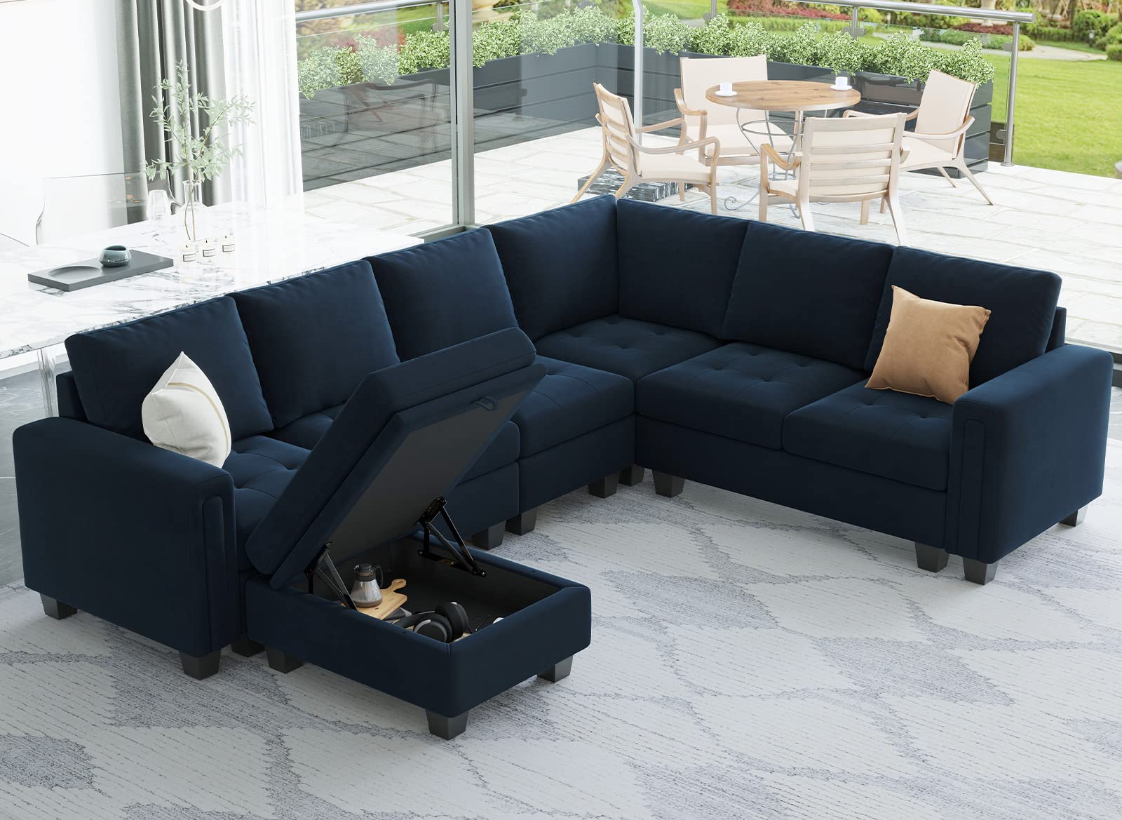 Belffin Velvet Modular Sectional Sofa with Storage Ottoman 6 Seater L Shaped Sectional Modular Sofa Couch with Reversible Chaise Convertible Corner Sectional Couch Blue