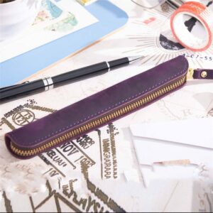 AIGUONIU Retro Crazy Horse Genuine Leather Stationery Pencil Case Storage Bag Casual Stationery Box (Purple)