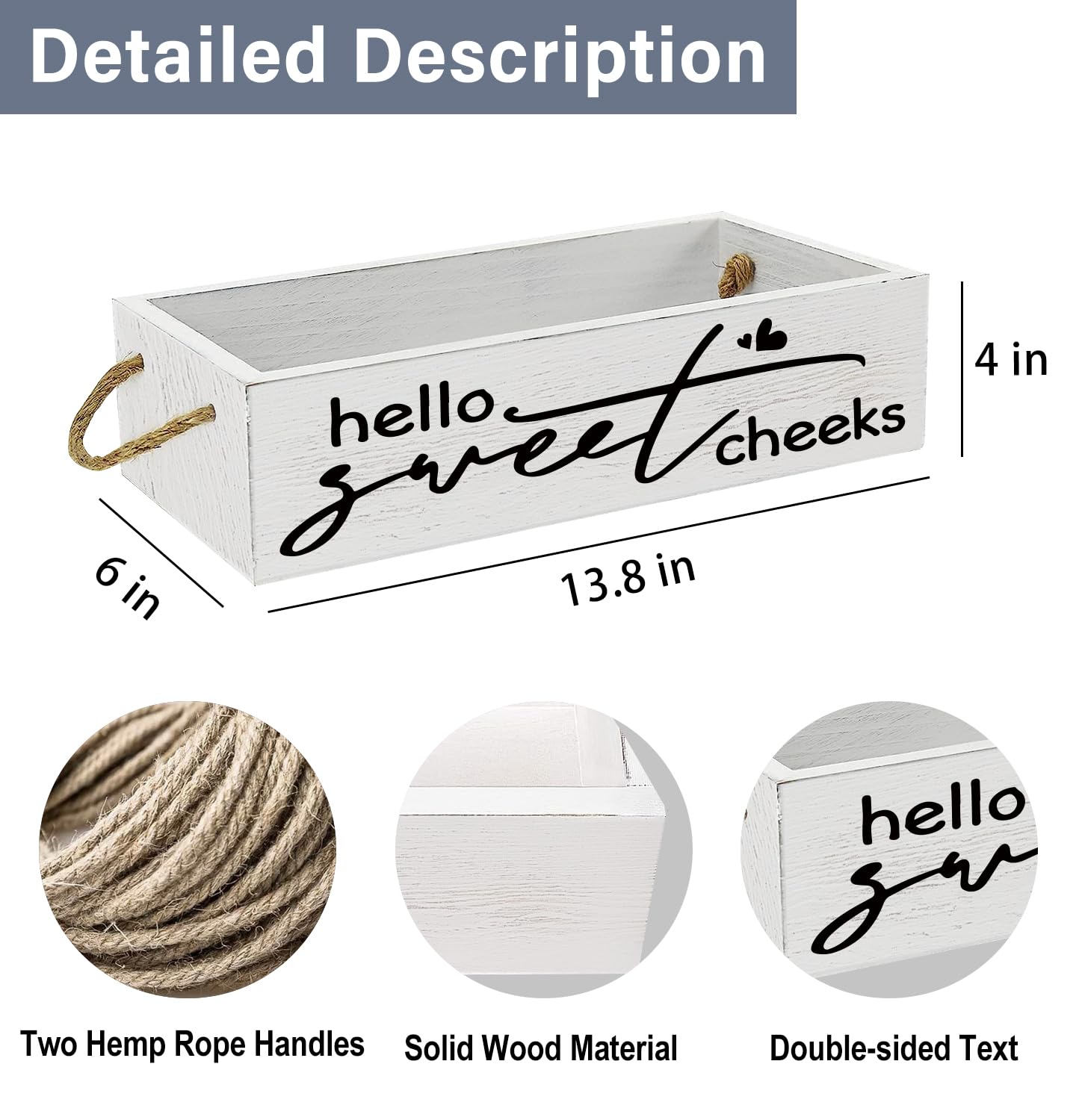 Msyueos Hello Sweet Cheek Decor Box with Rope - Rustic Wooden Storage Box with Funny Design on 2 Sides Perfect for Bathroom Decor, Toilet Paper Holder, Toilet Tank Basket, Toilet Organizer (White)