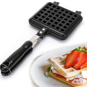 LEYSRIS Non-stick Double side Waffle Baking Mold, Portable Camping Waffle Pan Cookware Waffle Press Plate Cooking Baking Tool for Stovetop Campfire (11.8 x 5.7 x 1.2in)