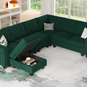 Belffin Velvet Modular Sectional Sofa with Storage Ottoman 6 Seater L Shaped Sectional Modular Sofa Couch with Reversible Chaise Convertible Corner Sectional Couch Green,