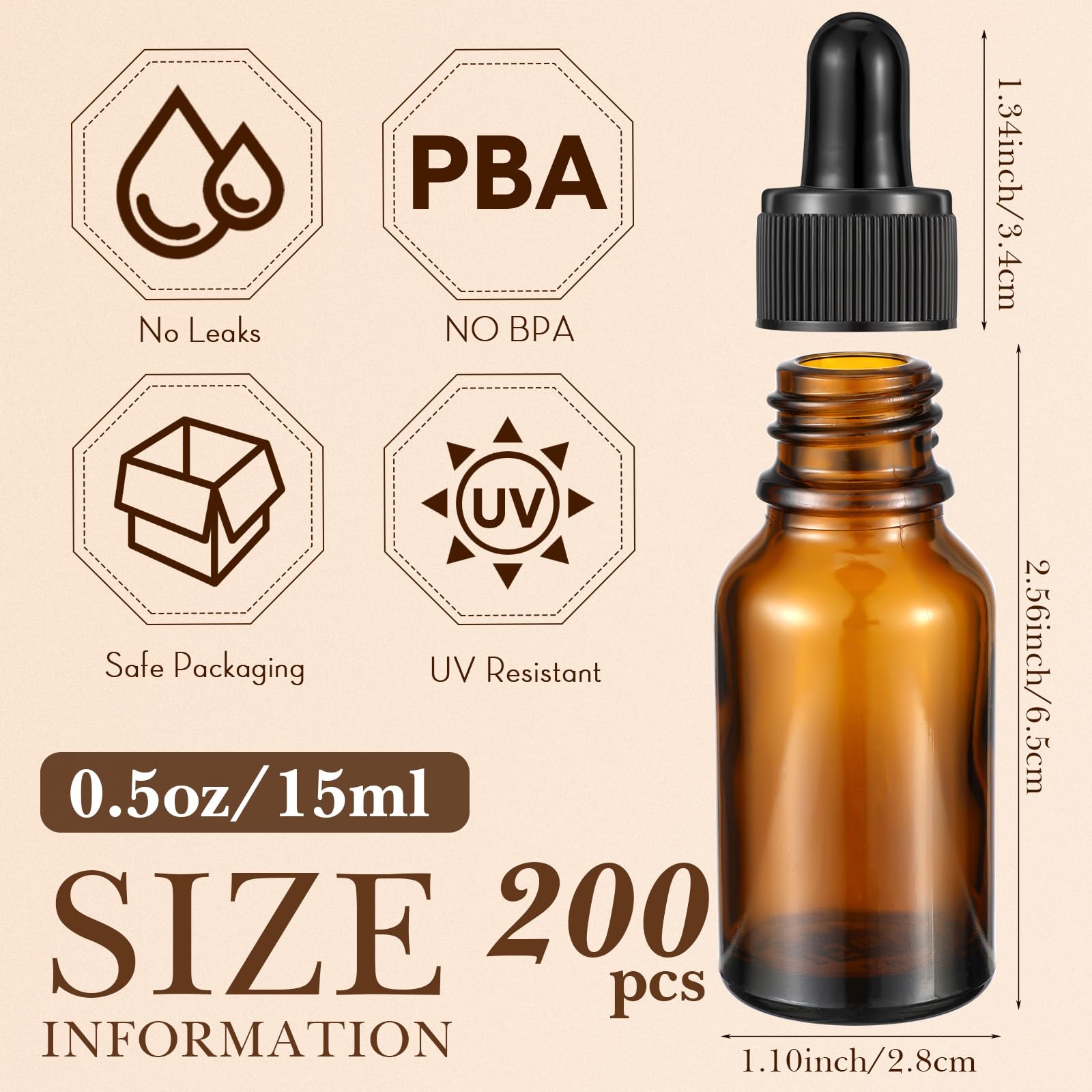 Tanlade 200 Pack 15ml Dark Dropper Bottles 1/2 oz Glass Dropper Bottles Brown Tincture Bottles with Eye Droppers for Essential Oils Liquids Perfumes Lab Chemicals and Travel (Amber)