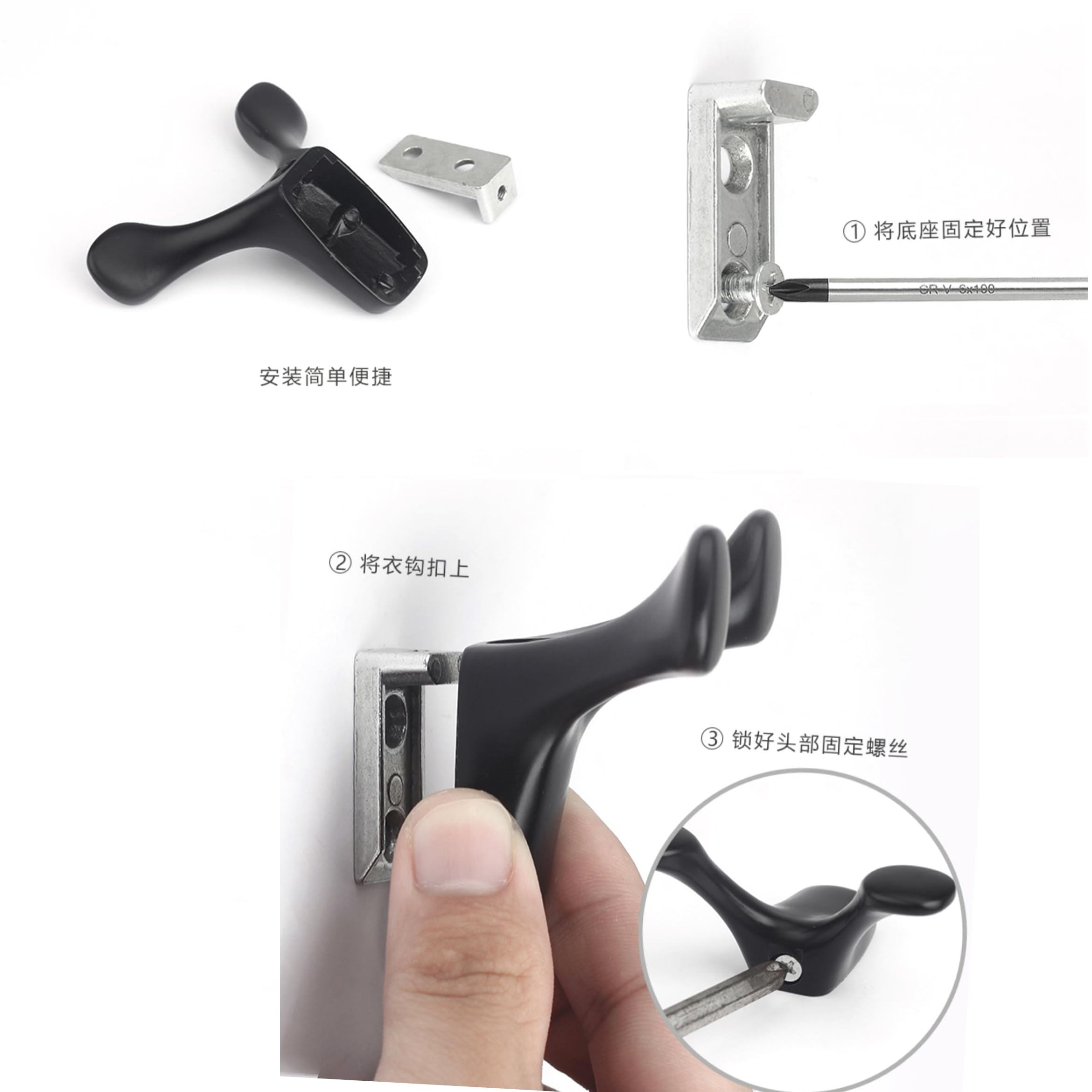 LORVOR Double Robe Towel Hook Matte Black, 4 PCS Heavy Duty Wall Mounted Two-pronged Hooks Hangers with Screws