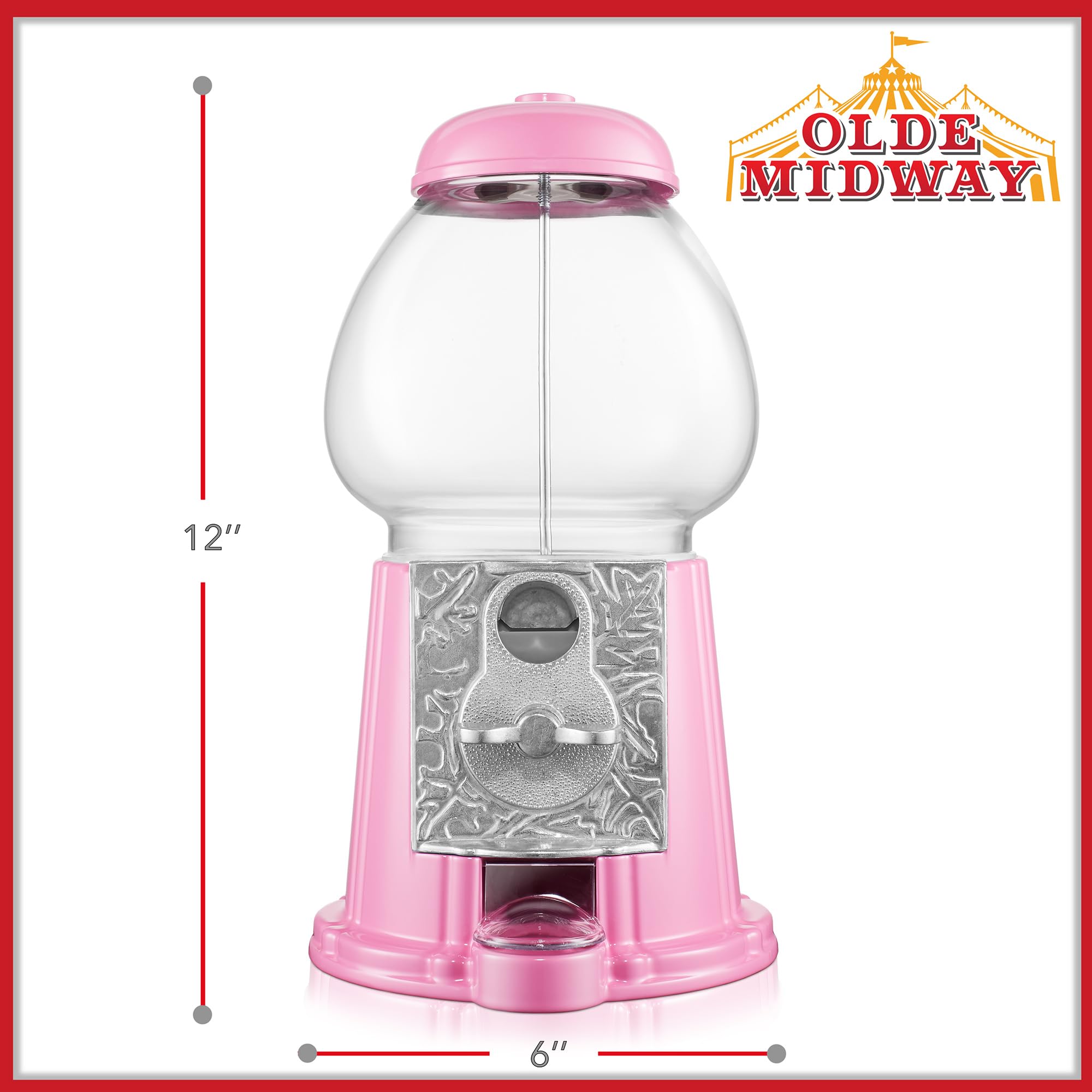 Olde Midway 12" Gumball Machine with Glass Globe and Metal Base - Pink, Vintage-Style Bubble Gum Candy Dispenser