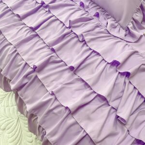 MOOWOO Girls Bedding,Waterfall Ruffle Duvet Cover -Twin 2 Piece Shabby Chic Bedding Solid Color Soft and Breathable with Zipper Closure,Corner Ties,Aesthetic Bedding-Purple,Twin