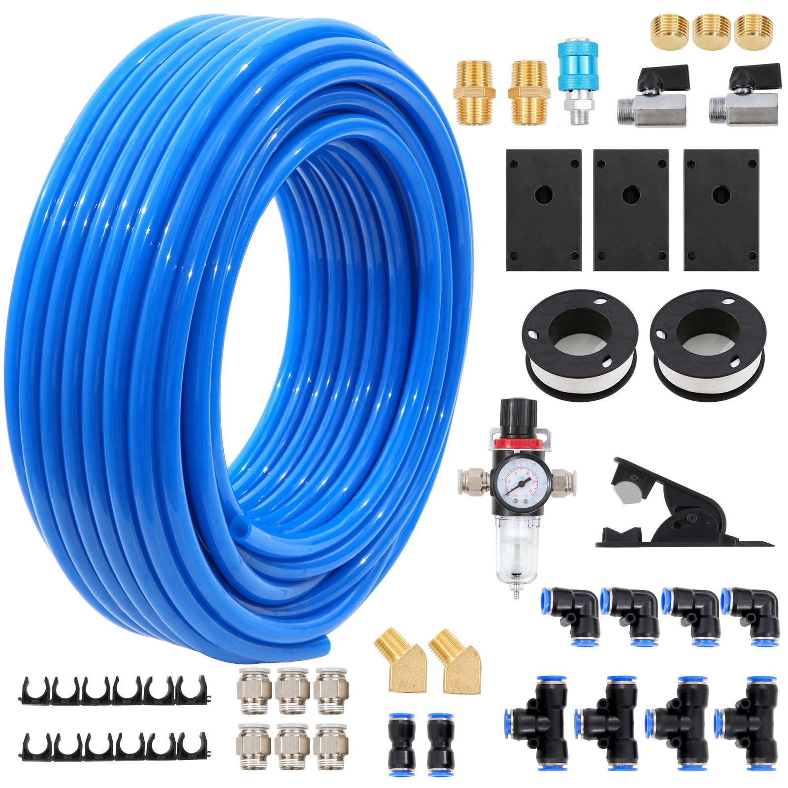 Shop Air Line Kit,Blue 1/2 Inch 100ft PU Air Tubing Kit, Hose Air Line TubingOr Fluid Transfer Pneumatic tubing with Push to Connect Fittings