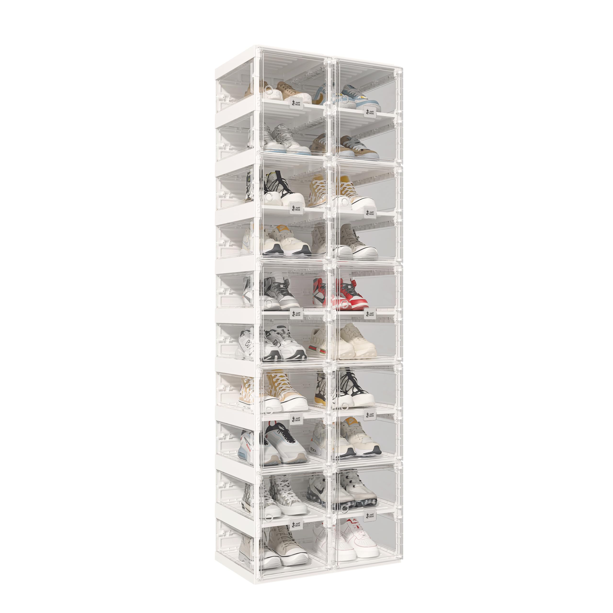 ANTBOX Foldable Shoe Rack,Shoe Organizers for Closet Plastic Shoe Storage Box Space Saving for Entryway, Large Sturdy Stackable Sneaker Cabinet Bins with Magnetic Clear Door 10 Tiers 20 Pairs