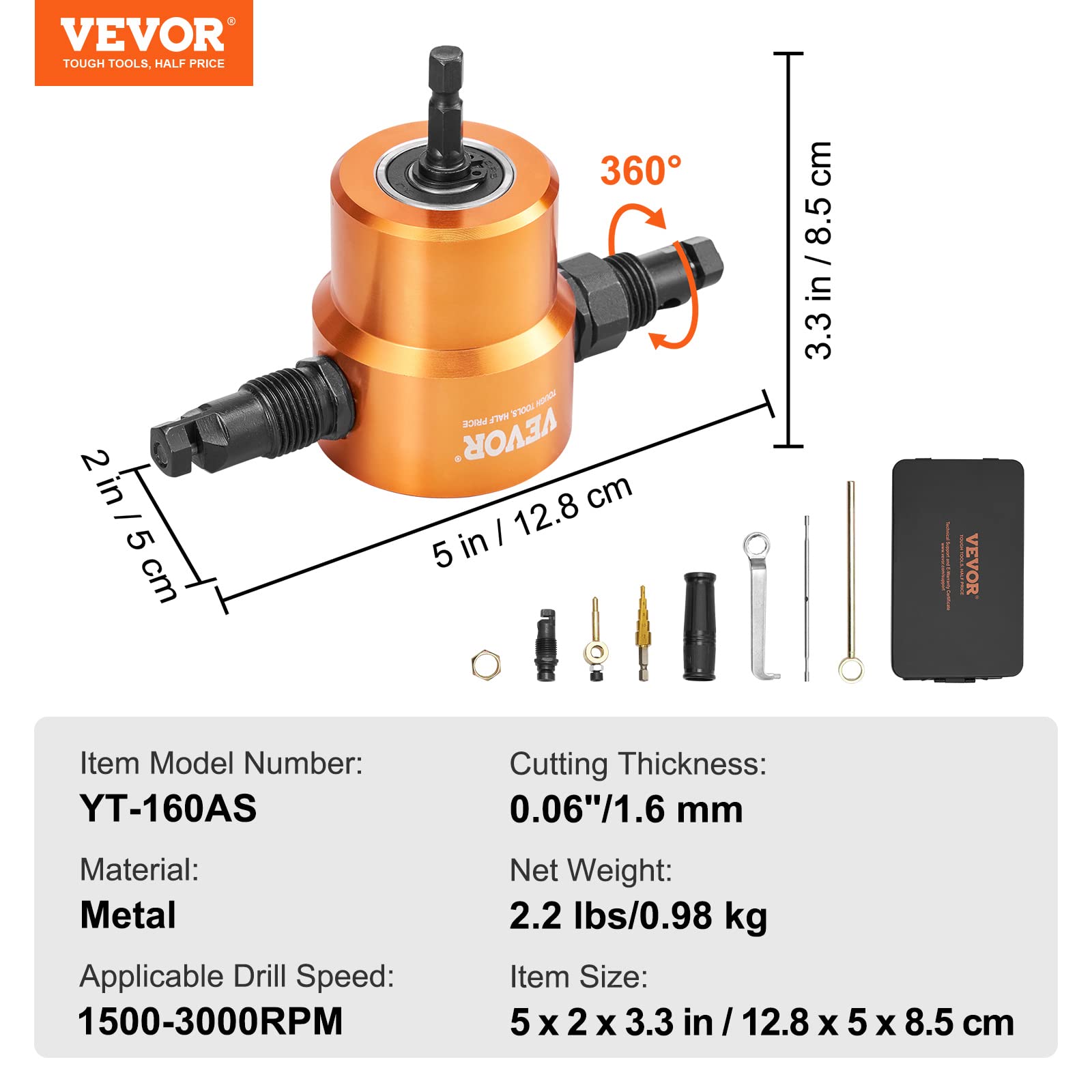 VEVOR Double Head Sheet Metal Nibbler Cutter, 360 Degree Metal Nibbler Drill Attachment with Extra Punch and Die, Cutting Hole Accessory and Step Drill Bit, for Straight Curve and Circle Cutting