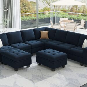 Belffin Oversized Velvet Modular 8-Seat Sectional Sofa Set with Storage Ottoman U Shaped Couch Set Modular Sectional Convertible Sofa Couch with Reversible Chaise Corner Sofa Couch Set Blue