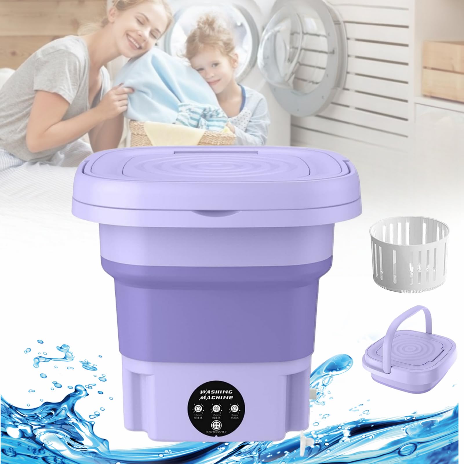 Portable Washing Machine for Apartments, 8L Foldable Mini Washing Machine with 3 Levels Timing Vibration Wave & Drainer Basket, Compact Washer for Baby Clothes, Towels, Underwear or Small Items Purple