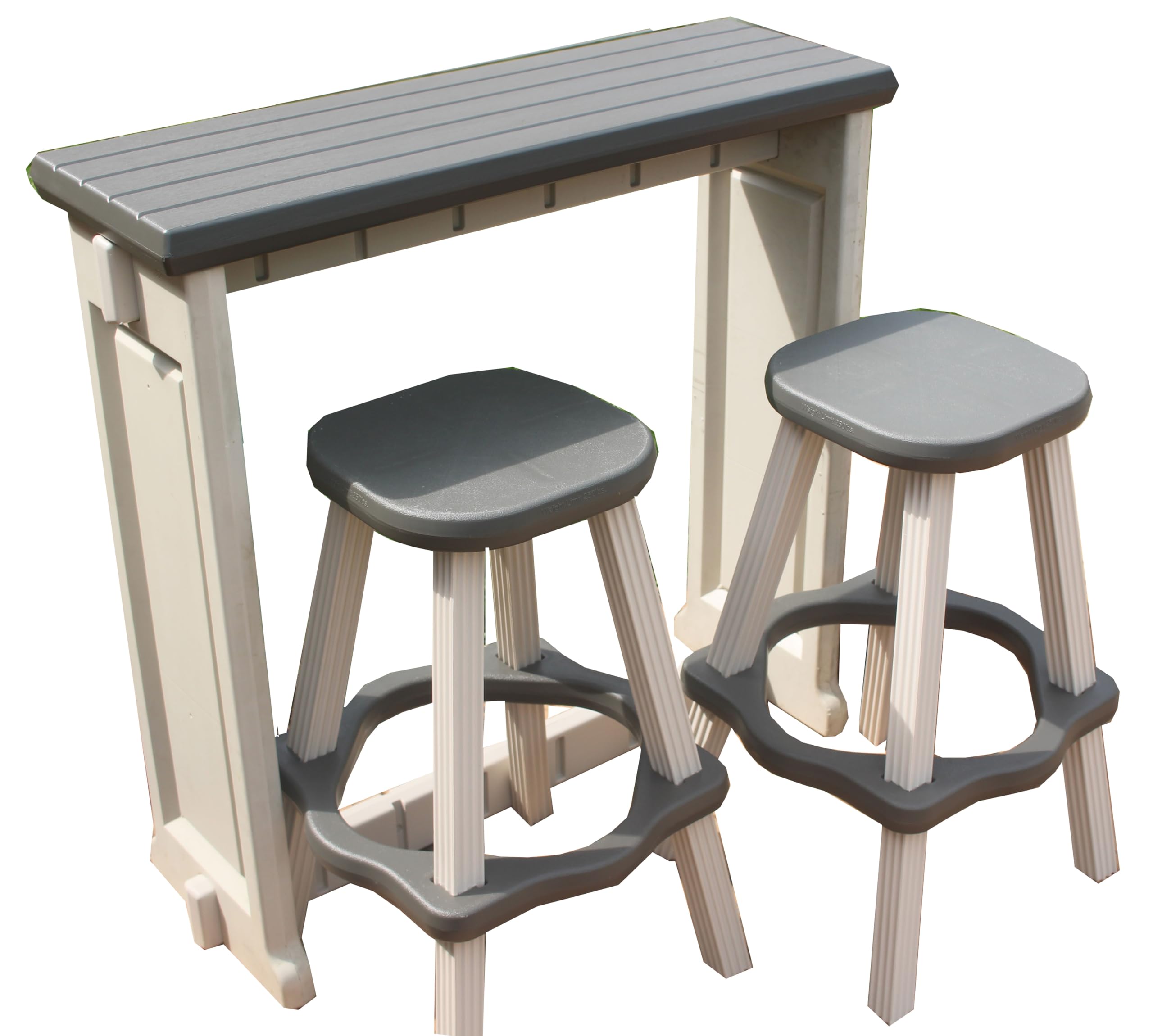 Leisure Accents Single Bar Set Includes 2 Barstools Deep Grey Top & Warm Grey Base Ideal for Patio Hot Tub Area Backyard Durable WeatherResistant Design Easy Nohardware Assembly Proudly Made in USA