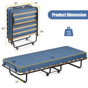 KOMFOTT Folding Rollaway Bed with Mattress, Foldable Bed with Memory Foam Mattress for Adults, Portable Fold Up Guest Bed with Sturdy Steel Frame on Wheels for Home & Office, Made in Italy (Navy Blue)