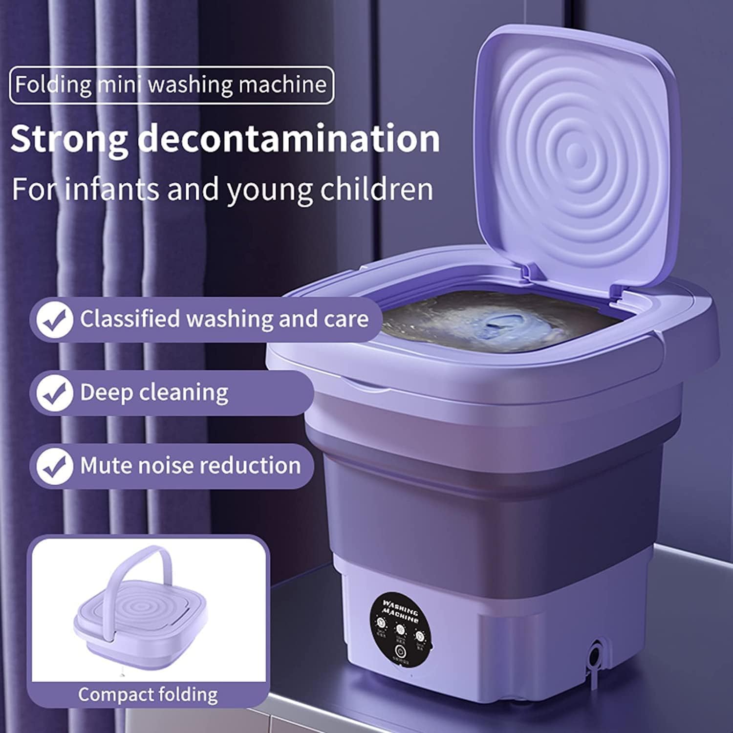 Portable Washing Machine for Apartments, 8L Foldable Mini Washing Machine with 3 Levels Timing Vibration Wave & Drainer Basket, Compact Washer for Baby Clothes, Towels, Underwear or Small Items Purple