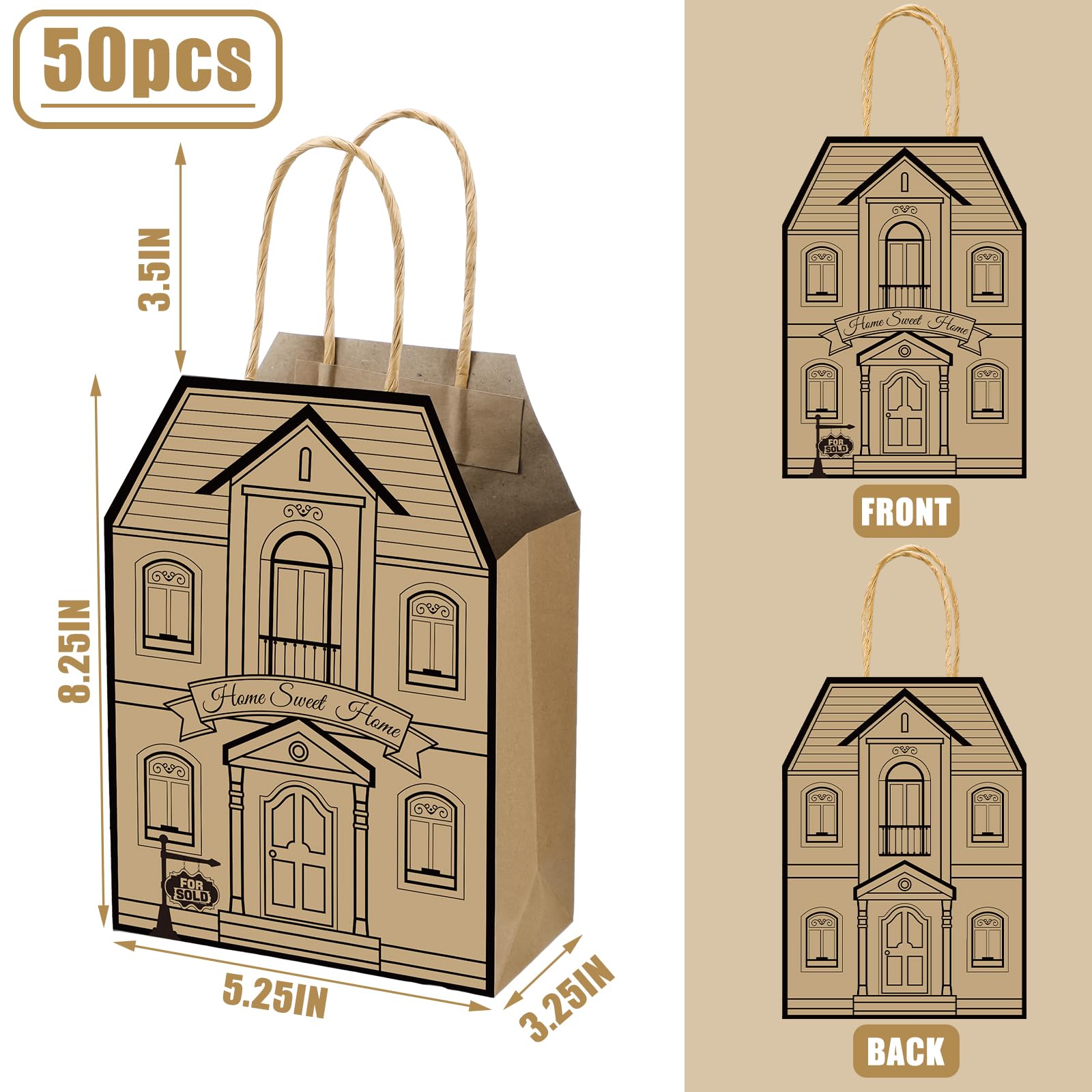 Colarr 50 Pcs Real Estate Agent Supplies House Shaped Gift Bag 5.25 x 3.25 x 8.25 Inch Real Estate Bag with Handles Kraft Real Estate Agent Gift Bags for Real Estate Favor Home Gift (Brown)