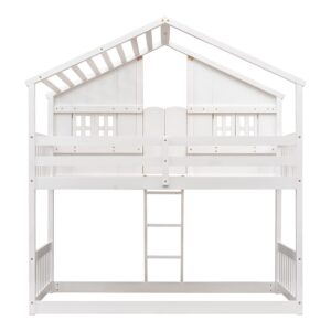 House Bunk Beds Twin Over Twin Bunk Bed Frame with Ladder, Kids Playhouse Bunk Bed with Roof, Window, Door, Floor Bunked Frame for Boys Girls Teens, White