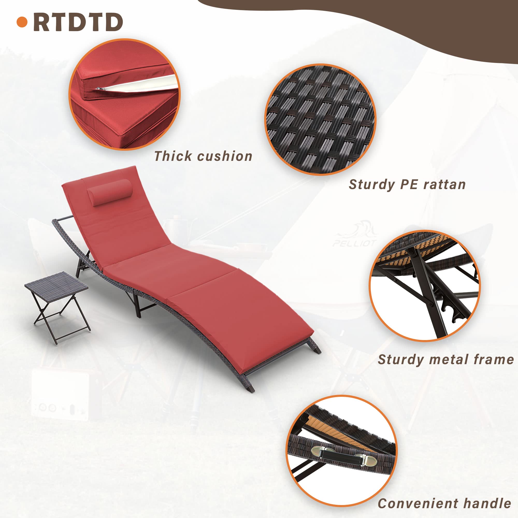 RTDTD 3 Pieces Patio Chaise Lounge Set Outdoor PE Rattan Lounge Chair Adjustable Backrest Reclining Chair with Folding Table and Cushion for Patio Poolside Backyard Porch Beach(Red)