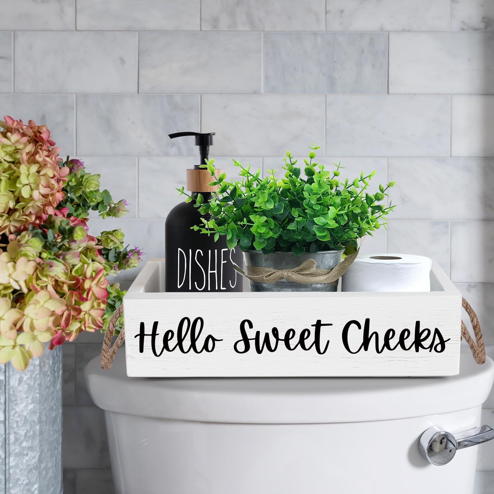 Msyueos Welcome Hello Sweet Cheeks Wooden Storage Box, Toilet Paper Basket, Rustic Bathroom Basket Toilet Basket Tank Topper Toilet Organizer, Home Decor for Livingroom or Kitchen ,White