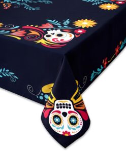 yihomer day of the dead halloween tabletop - dia de los muertos floral skeleton mask, cinco de mayo mexican fiesta party home kitchen dining room decor, sugar skull, tablecloth, 52 x 52 square