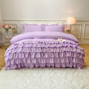 MOOWOO Girls Bedding,Waterfall Ruffle Duvet Cover -Twin 2 Piece Shabby Chic Bedding Solid Color Soft and Breathable with Zipper Closure,Corner Ties,Aesthetic Bedding-Purple,Twin