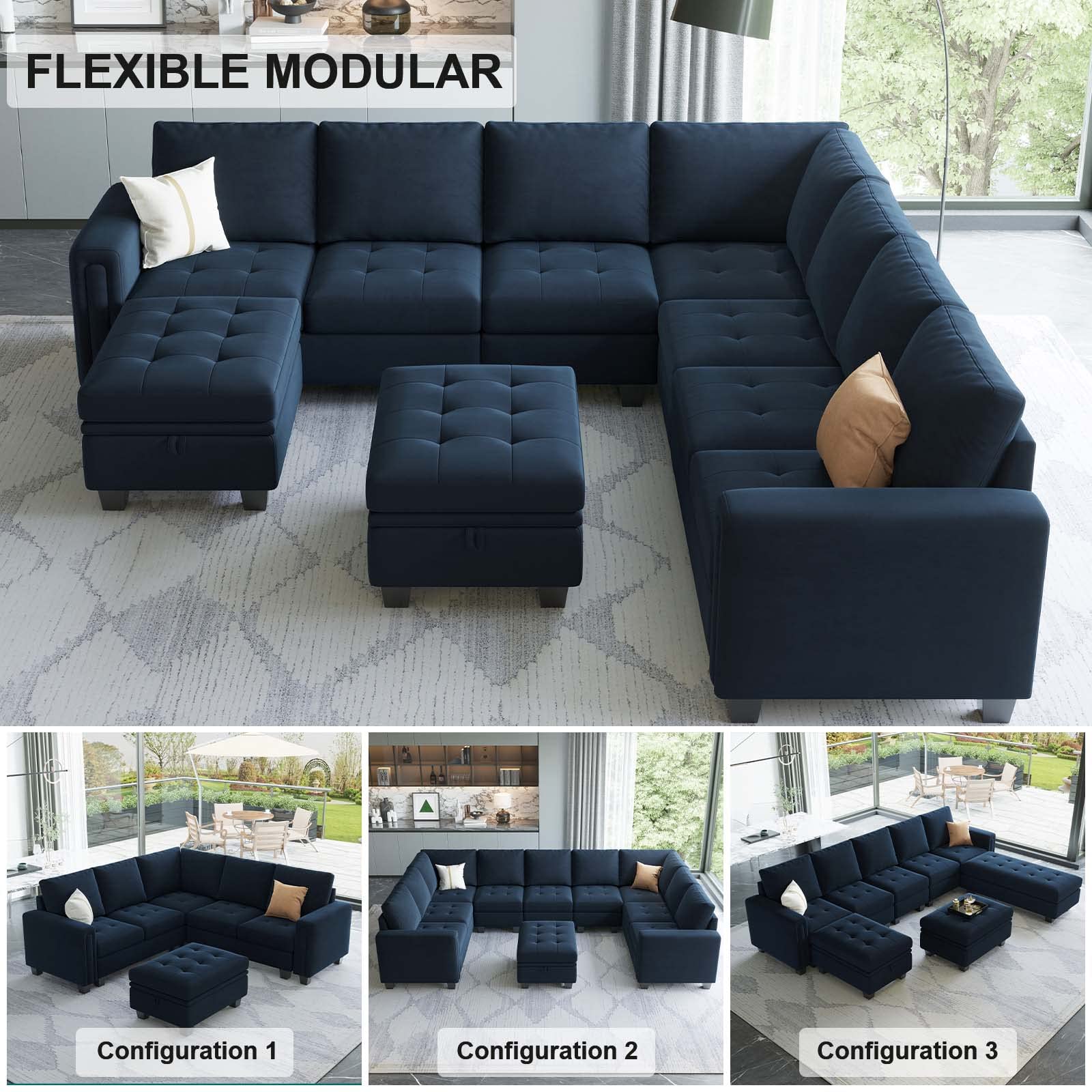 Belffin Oversized Velvet Modular 8-Seat Sectional Sofa Set with Storage Ottoman U Shaped Couch Set Modular Sectional Convertible Sofa Couch with Reversible Chaise Corner Sofa Couch Set Blue