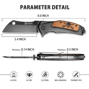 NedFoss Mieba Pocket Knife, 3.5" D2 Steel Pocket Knives & Folding Knives, Tactical Knife Folding Cleaver EDC Knife with Sheath, Pocketclip, Unique Skull G10 Handle Utility Knife