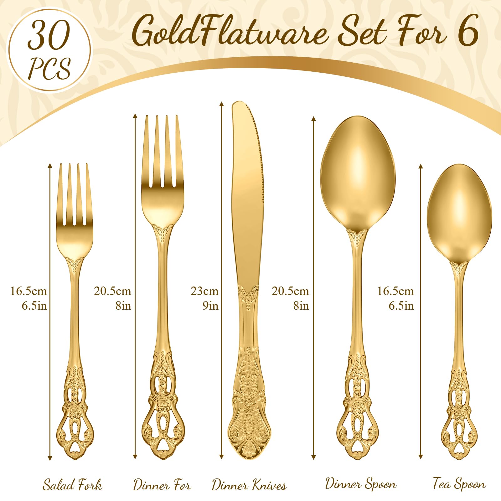 Dandat 30 Pcs Retro Silverware Set Stainless Steel Flatware Set Anti Rust Utensils Set Mirror Polished Cutlery Include Spoon Fork Knife for Dinnerware Wedding Birthday Party Favor (Gold)