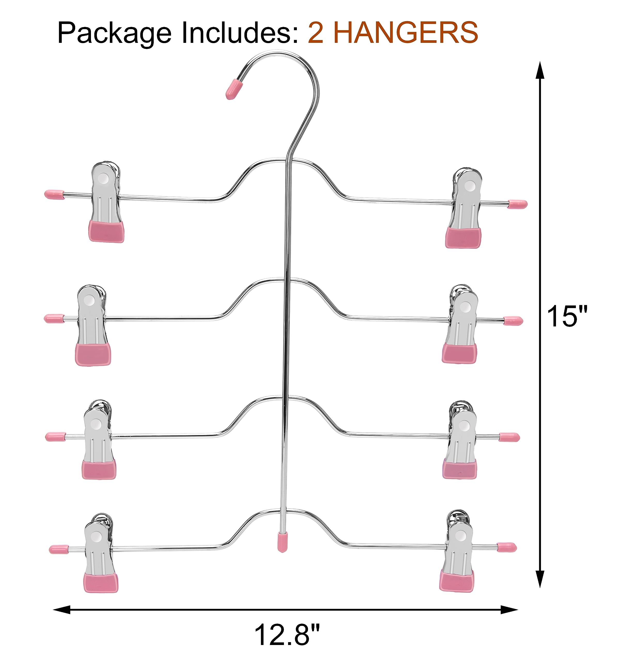 Solid Metal Skirt Hangers 4 Tier Pants Shorts Hangers Space Saving Hangers with Adjustable Clips Non Slip Grip for Slacks, Trousers, Shorts, Jeans, Towels, Pink, (2 Pieces) HL04P