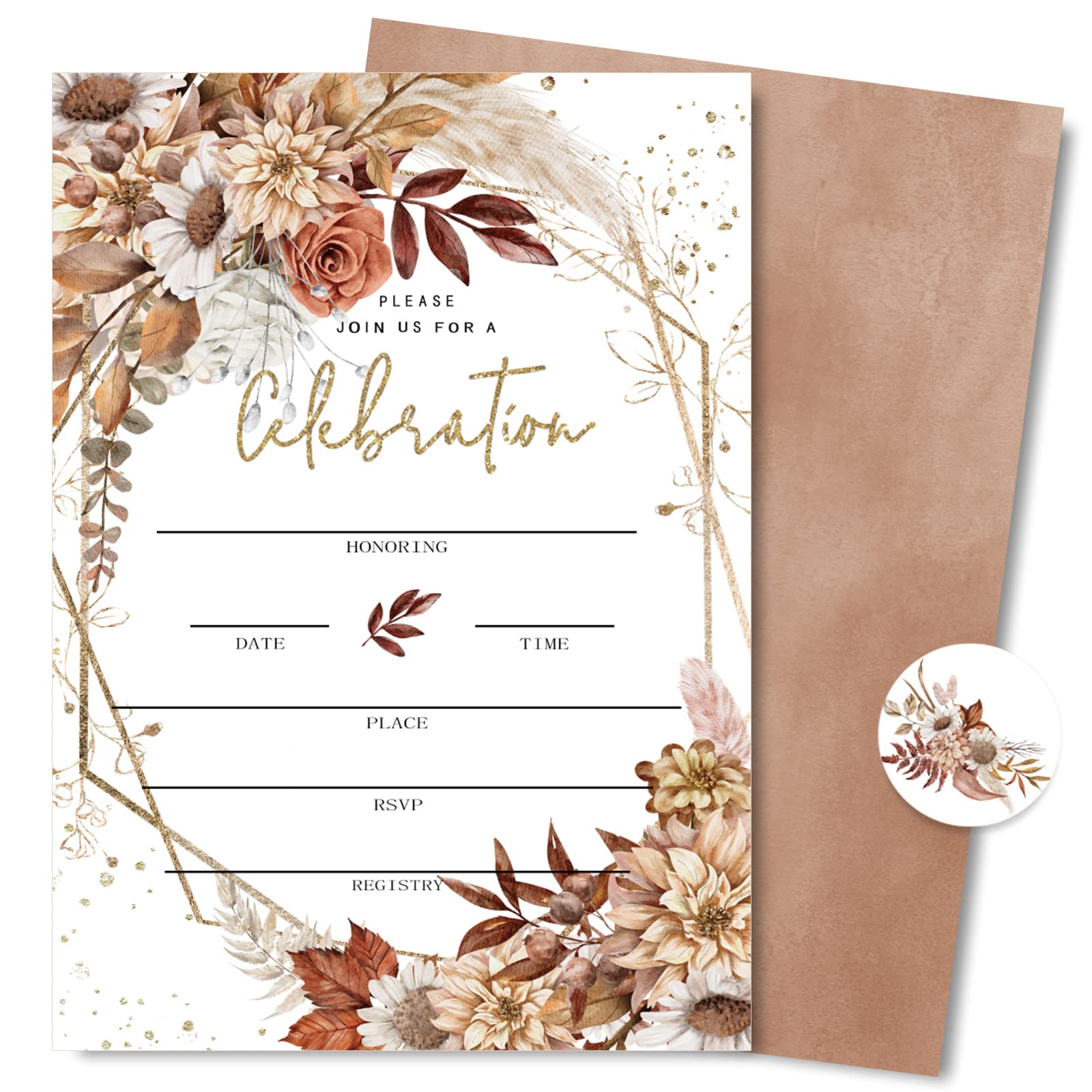 AnyDesign Boho Floral Invitations 20 Sets Rustic Floral Cards with Envelopes Stickers Watercolor Blank Invites for Baby Shower Wedding Birthday Dinner Party, 5 x 7 Inch