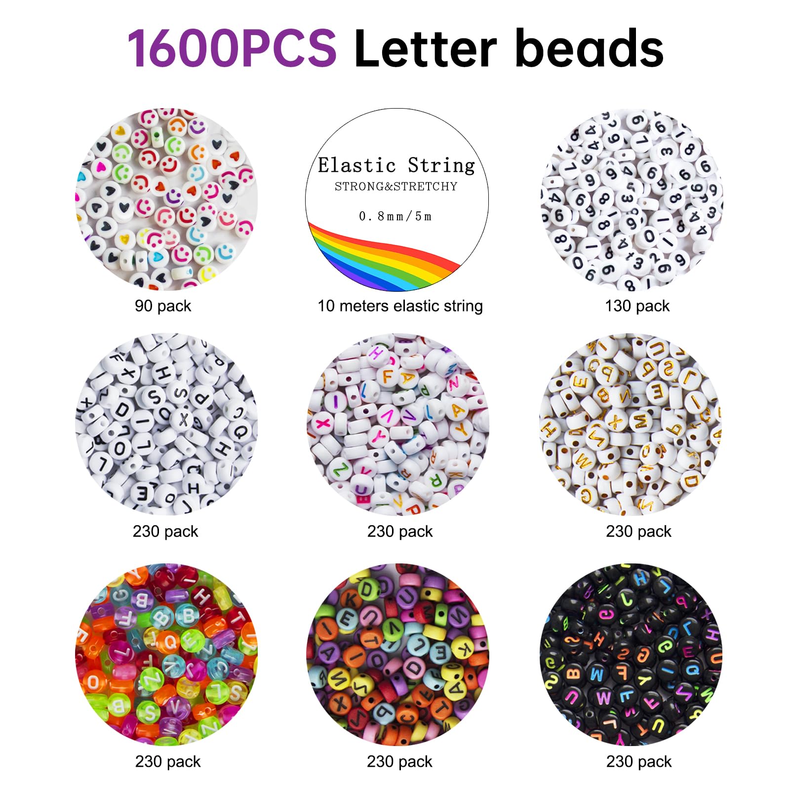 Redtwo 1600 Pcs Letter Beads Kit, 6 Styles of Colorful Alphabet Beads for Bracelet, Number Beads Smiley Face Beads Heart Beads and a Roll of Elastic String for Friendship Bracelet Kit.