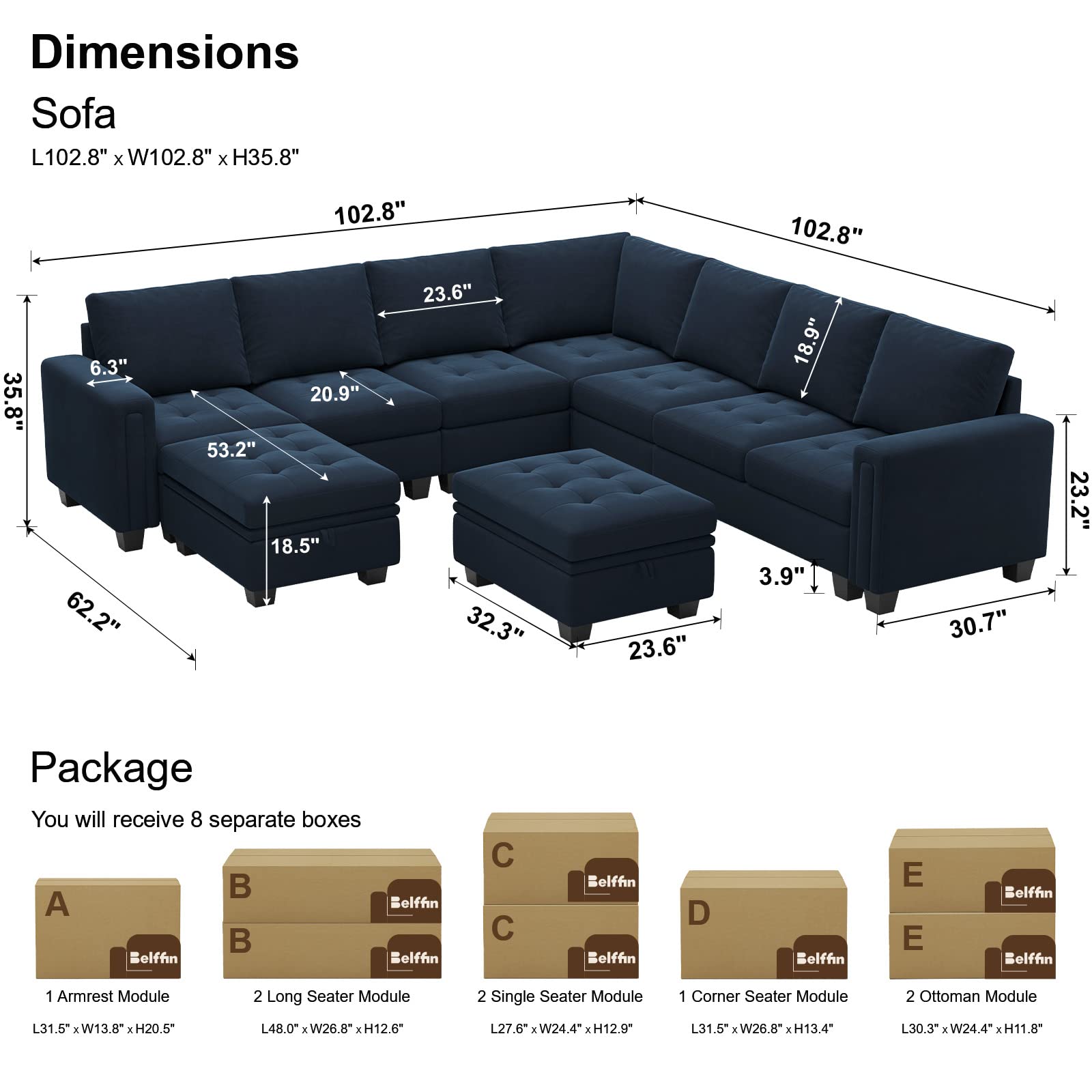 Belffin Oversized Velvet Modular 8-Seat Sectional Sofa Set with Storage Ottoman U Shaped Couch Set Modular Sectional Convertible Sofa Couch with Reversible Chaise Corner Sofa Couch Set Blue