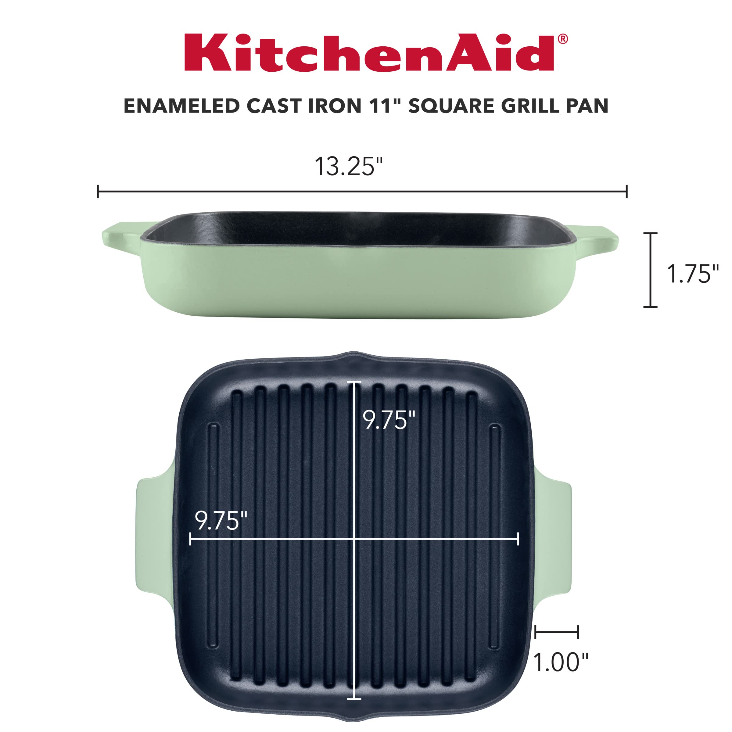 KitchenAid Enameled Cast Iron Square Grill and Roasting Pan, 11 Inch, Pistachio