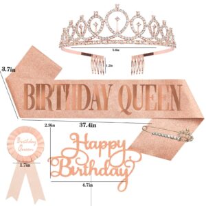 Birthday Decorations for Women Including Birthday Sash & Pin, Crown, Birthday Cake Topper, Birthday Pin Button. Queen Sash and Birthday Tiara for Women and Grils. (Rose Gold)