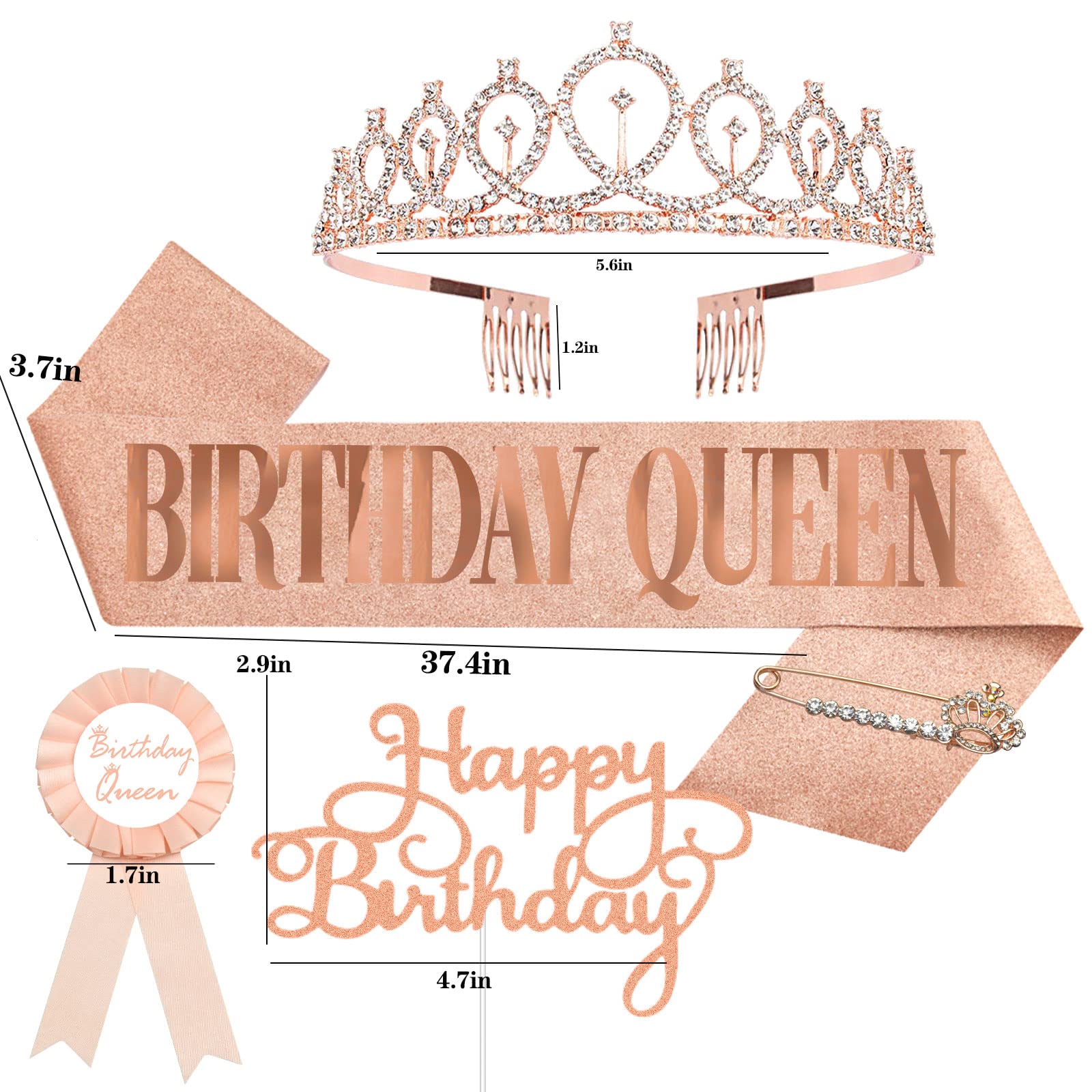 Birthday Decorations for Women Including Birthday Sash & Pin, Crown, Birthday Cake Topper, Birthday Pin Button. Queen Sash and Birthday Tiara for Women and Grils. (Rose Gold)