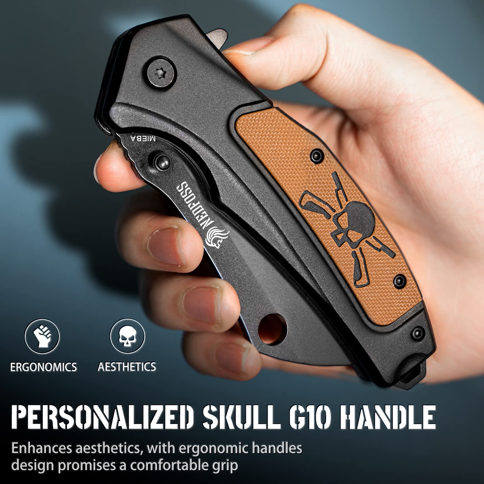 NedFoss Mieba Pocket Knife, 3.5" D2 Steel Pocket Knives & Folding Knives, Tactical Knife Folding Cleaver EDC Knife with Sheath, Pocketclip, Unique Skull G10 Handle Utility Knife