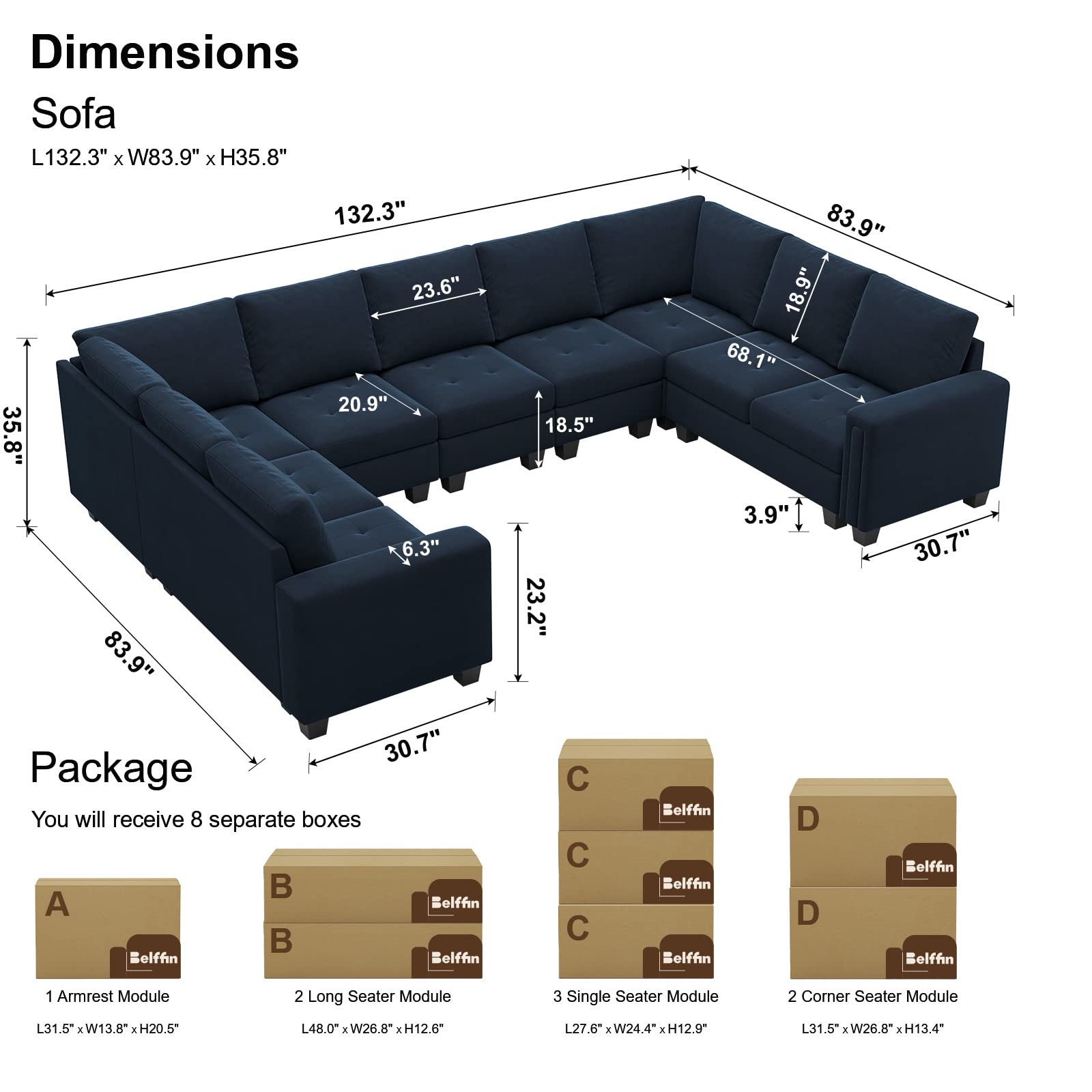 Belffin Oversized Velvet Modular 9 Seater U-Shape Sectional Sofa Set with Chaise Convertible sectional Sofa Couch Set Modular Couch Corner U Shaped Sectoional Sofa Blue