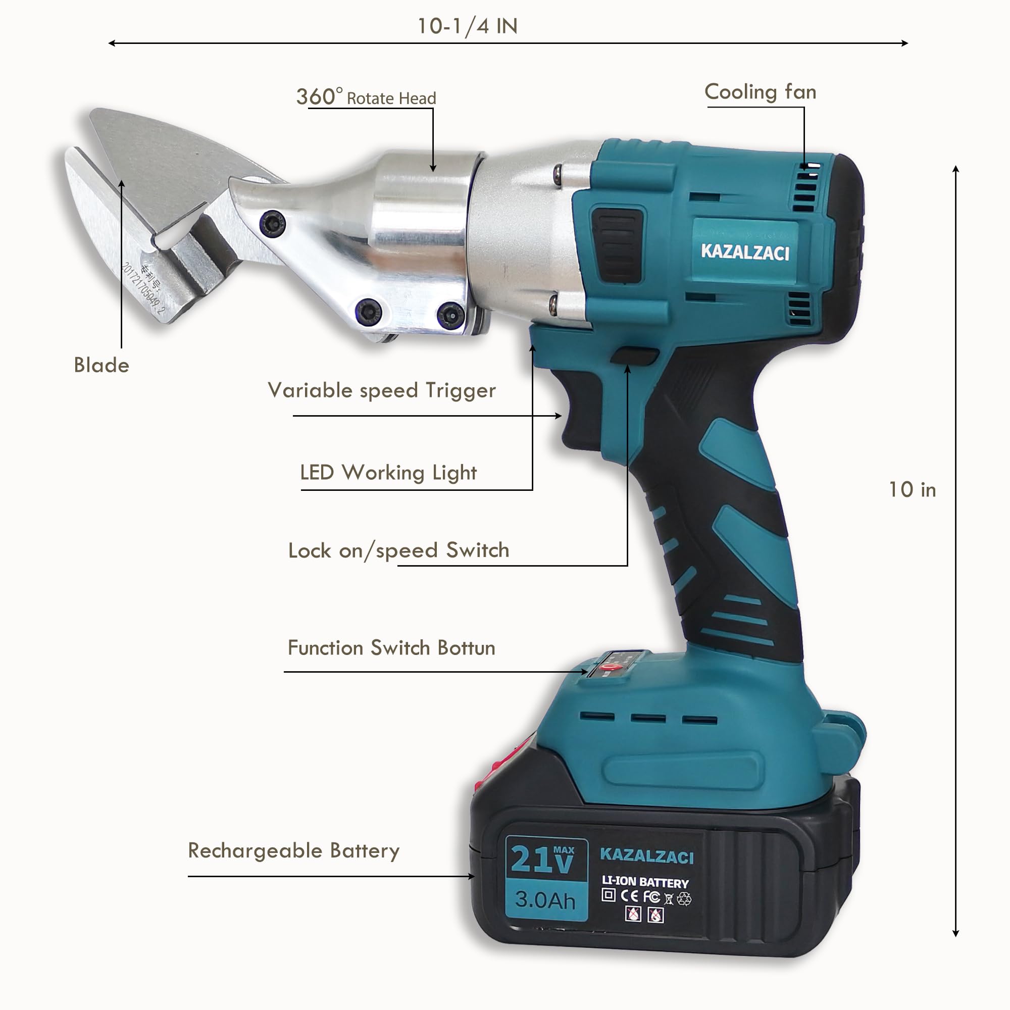 Cordless Metal Shear Electric Metal Shears Sheet Metal Cutter with Swivel Head for Curve/Straight/Round Cuttings Over Sheets Iron, Aluminum, Steel and Carpet, Leather, Cardboard 2Pcs 3.0Ah Battery