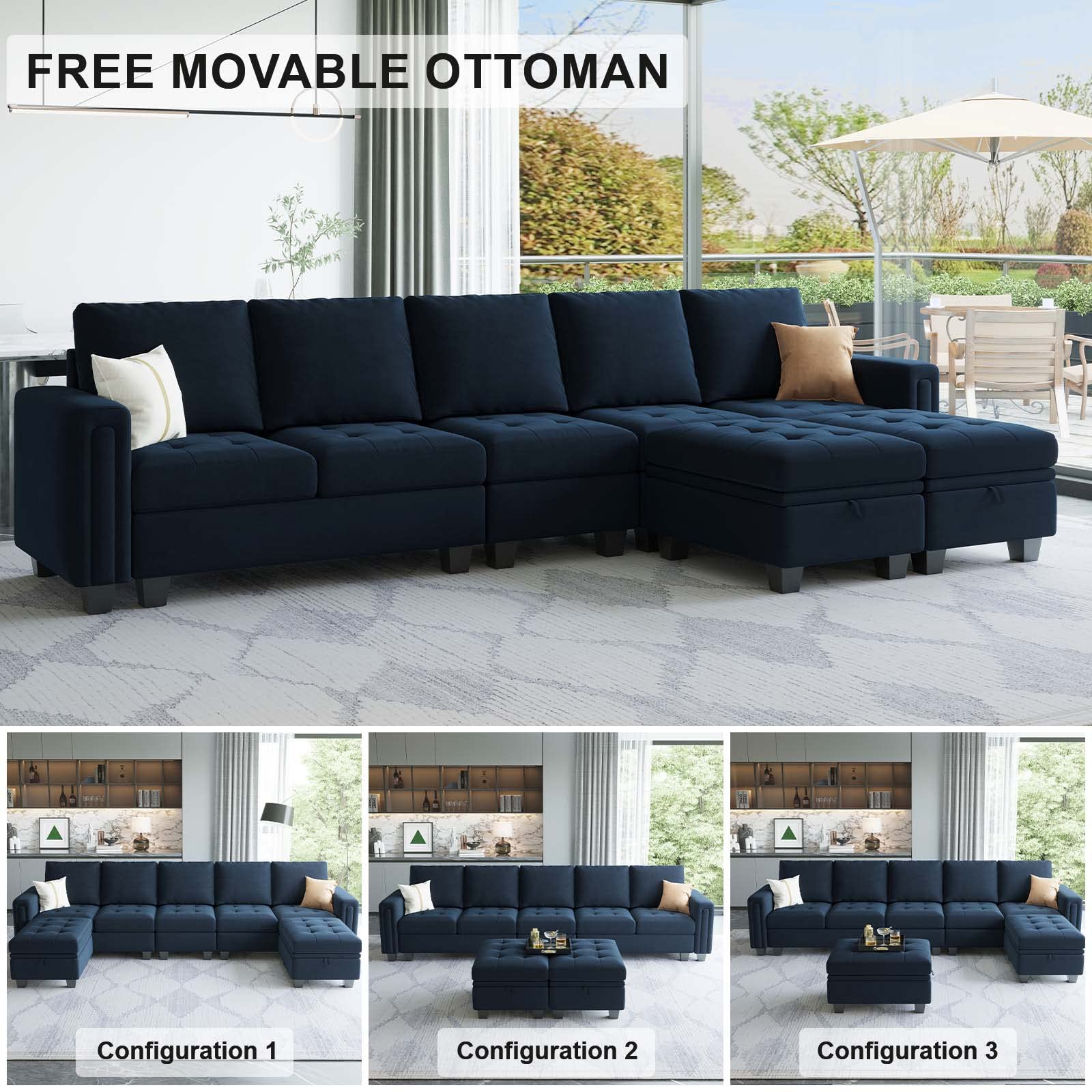 Belffin Large Velvet L Shaped Sectional Sofa Couch with Reversible Double Chaises Modular Sectional Sofa Couch with Storage Ottomans Convertible Sectional Sofa Blue