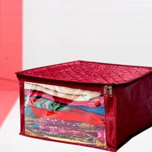 atorakushon Satin Fabric Foldable Garments Saree Blouse Cover Bag Pouch Closet Wardrobe Organizer With Clear Window Zipper Lock Pack of 3 (Maroon)