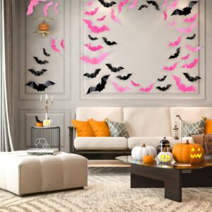 Whaline 112Pcs Halloween Wall Decoration 3D Bats with Foam Adhesive Black Pink Rose Red Waterproof Spooky Bats Stickers Hocus Pocus Party Supplies for Halloween Home Wall Window Door Decor, 4 Sizes