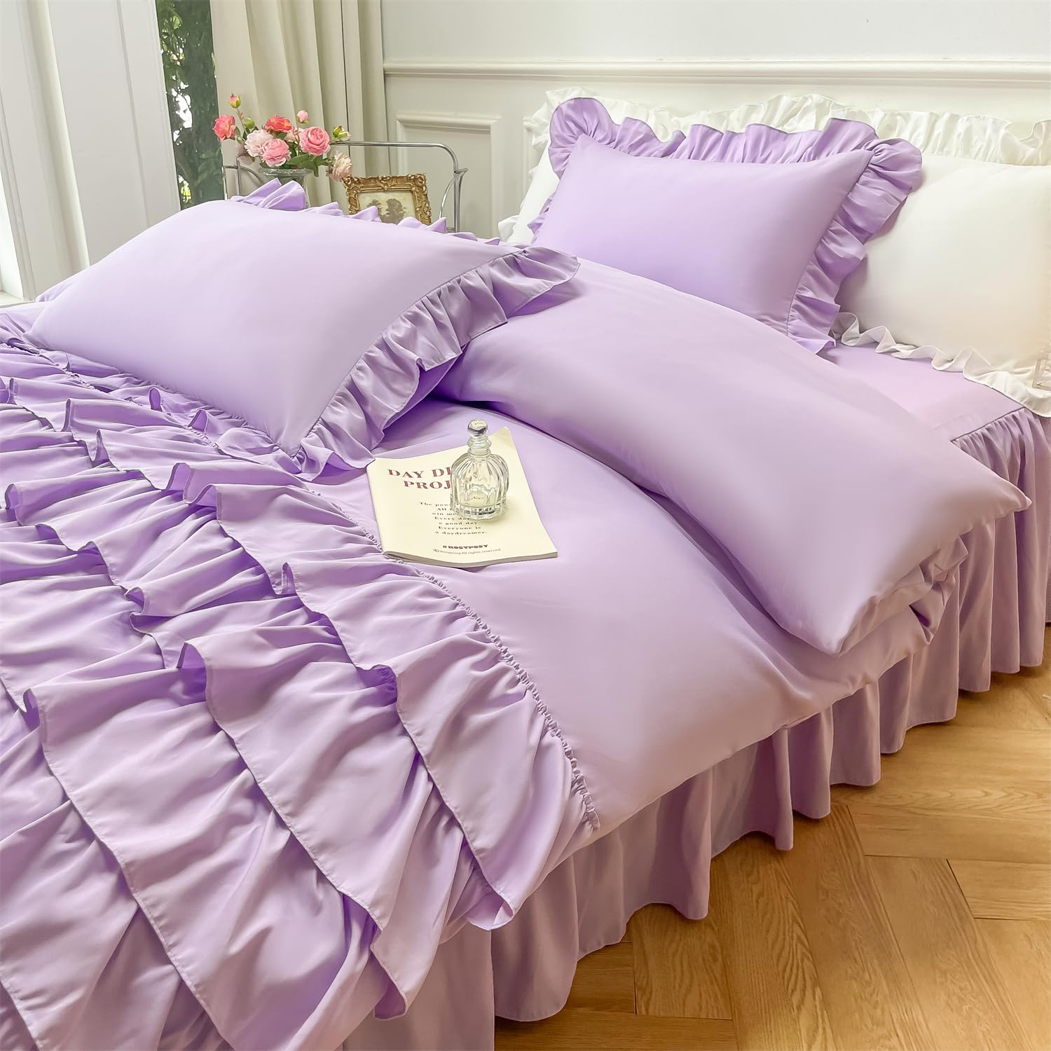 MOOWOO Girls Bedding,Waterfall Ruffle Duvet Cover -Twin 2 Piece Shabby Chic Bedding Solid Color Soft and Breathable with Zipper Closure,Corner Ties,Aesthetic Bedding-Purple,Twin