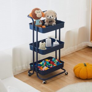 TUKAILAi 3-Tier Rolling Storage Cart with Lockable Wheels and Ergonomic Handle, Slide Out Utility Shelving Unit Organizer Serving Trolley Clearing for Kitchen Bathroom Laundry Bedroom (Dark Blue)