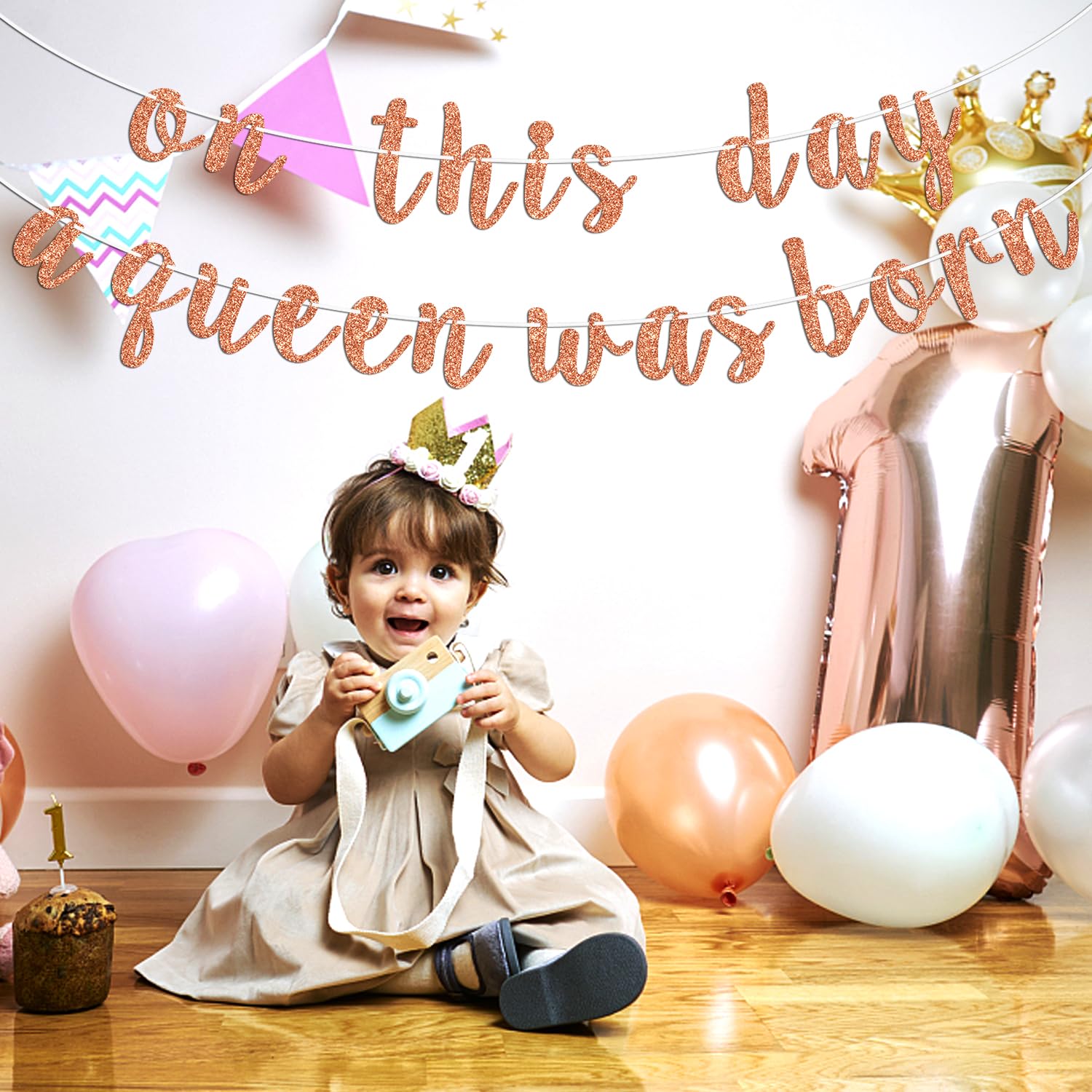 On this Day a Queen was Born Banner, Happy Birthday Bunting Sign for Girl/Women, Birthday Gift for Mother/Wife, Birthday/Gender Reaveal/Baby Shower Party Decoration Supplies, Rose Gold Glitter