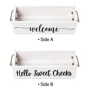 Msyueos Welcome Hello Sweet Cheeks Wooden Storage Box, Toilet Paper Basket, Rustic Bathroom Basket Toilet Basket Tank Topper Toilet Organizer, Home Decor for Livingroom or Kitchen ,White